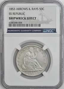 1853 Seated Liberty Half 50c Arrows & Rays SS Republic NGC 946250-6 - Picture 1 of 4