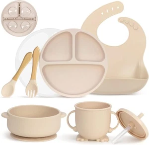 Geschirrset Baby 7-teilig mit Saugnapf Rutschfest Silikon Kind Beige B499 - Bild 1 von 6