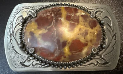 老式 20 世纪 70 年代 * 石头和花卉 * * 西部时尚统一皮带扣 3.5 英寸 X 2 英寸 — 第 1/4 张图片