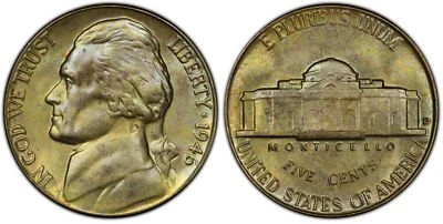 1946 D 5C Jefferson Nickel PCGS MS 65 with Green Toning - Image 1 of 3