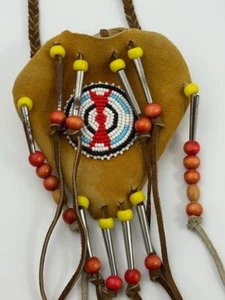 Bolso de cuero con flecos para medicina de tabaco con cordón cuentas boho suroeste - Imagen 1 de 4