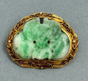 ANTIKE CHINESISCHE GESCHNITZTE GRÜNE JADE FLEDERMAUS VERGOLDETE SILBER BROSCHE ANSTECKNADEL - Bild 1 von 9