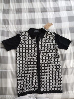 PAUL JONES Black White Geometric Print Viscose Blend Knit Button Shirt Small  - Image 1 of 4