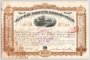 The Flint and Pere Marquette Railroad Co c1882 VTG 238 Share Stock Certificate - Picture 1 of 5