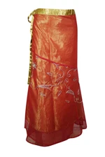 Boho Chic Orange Wrap Skirt Vintage Embroidery Reversible 2 Layer Gypsy Skirts