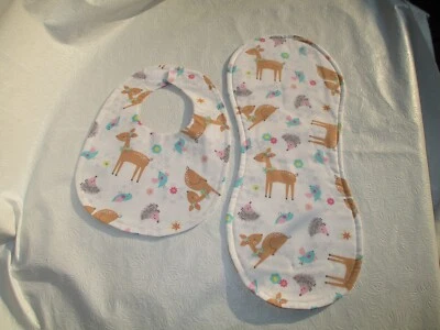 Handmade By Me Infant Toddler Bib and Burp Pad Set. Forest Deer Hedgehog - Image 1 of 4