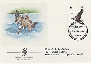 VIRGIN ISLANDS 1988 4 FIRST DAY COVER - PELICANS - WWF - Picture 1 of 4