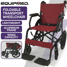 EQUIPMED Folding Transit Wheelchair Lightweight Aluminium Transport Foldable Red