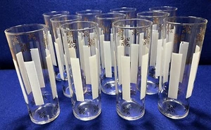Vintage MCM Federal Glas Barware Tom Collins Longdrink Gold Weiß Schwarz Set x11 - Bild 1 von 10