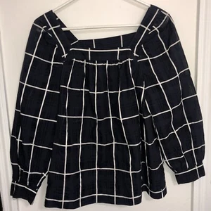 J. Crew Penny Fensterscheibe kariert Karo Bluse blau weiß quadratischer Ausschnitt Größe 4 Tall - Bild 1 von 10
