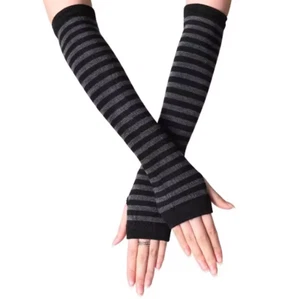 New Long Gray Black Stripe Elastic Fingerless Arm Warmers Gloves - Picture 1 of 1