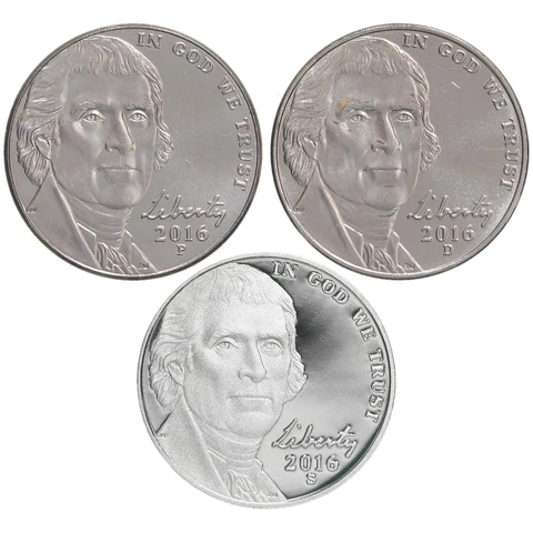 2016 P D S Jefferson Nickel Year Set Proof & BU US 3 Coin Lot Cover