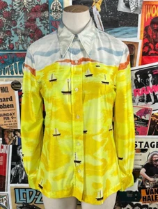 Vtg Womens 70s Sailboats Novelty Print Groovy Disco Blouse Shirt XS Retro - Picture 1 of 10