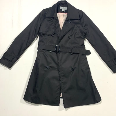 H&M Women's Long Sleeve Trench Coat Jacket Belt Waist Ruffle Detail Black Size 4 - Image 1 of 4
