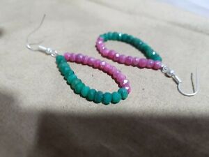 Pink Silverite & Emeralds Hoop gemstone beads Earrings 925 silver jewelry Gift