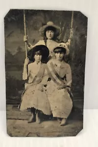 Antique Tin Type Photo of Three Victorian Well Dressed Women Hats 3.5 x 2.5 Inch - Picture 1 of 7