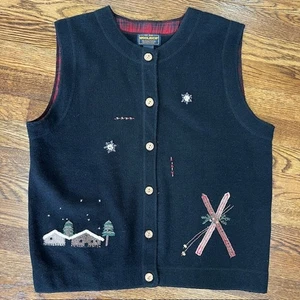 Gilet vintage anni 90 Woolrich scena invernale donna L nero cottage primitivo fienile neve  - Foto 1 di 8
