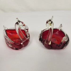 Italienisches venezianisches mundgeblasenes Kunstglas 2er Set Schwan Salz Dip Figur Schale Rubinrot  - Bild 1 von 11