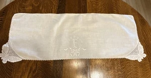 "Corredor de mesa vintage de lino blanco bordado/borde de ganchillo 42"" x 15,5""" - Imagen 1 de 9