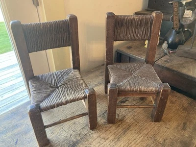 Antique Set Of 2 Primitive Wooden Chair Salesman’s Sample Shaker Style Rush seat - Image 1 of 4