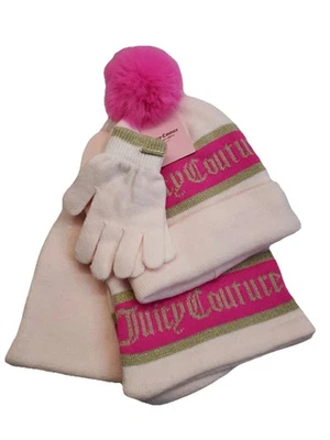 NUEVO CON ETIQUETAS Juicy Couture Niños 3 Piezas Oro Rosa Brillante Conjunto de Regalo Sombrero, Bufanda, Guantes  Foto 1 de 4