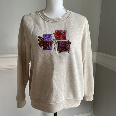 Vintage Sweatshirt 90s Beige Satin Embroidery Floral Butterfly Studio Works PXL - Image 1 of 4