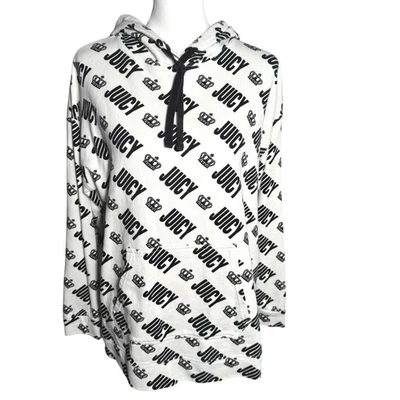 JUICY COUTURE XL Black White All Over Logo Crown Hoodie Pullover Sweatshirt - Image 1 of 4