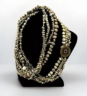 Statement Necklace Multi Strand Pearl Sterling Silver Coin VTG Boho Prep Estate - Image 1 of 4