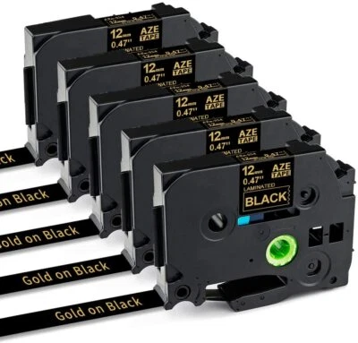 GREATEAM TZe-334 P-touch Label Tape Compatible Brother PT-P700 12mm Gold on Black 5PK