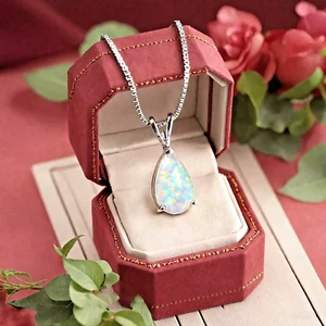 Opal Pendant Sterling Silver - Minimalist Teardrop Fire Opal Dainty Necklace - Picture 1 of 6