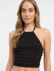 Kookai Georgette Top Womens Sz 34 AU 6 Black Shirred Cropped Halter New BNWT - Picture 1 of 8