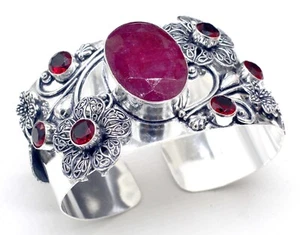 925 Sterling Silver Ruby Pink & Garnet Gem Jewelry Cuff Bracelet - Picture 1 of 8
