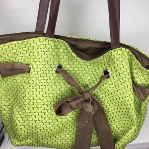 Bolso de Mano Grande Tejido Verde Paja 2 Manijas Marrones con Cintas de Oliva Oscura - Imagen 1 de 7