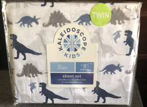 Dinosaurs Blue-Gray & White Twin Kids/Boys 3 Pcs Sheet Set Kaleidoscope  NEW