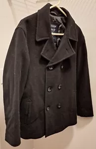 Roundtree & Yorke Black Wool Coat Med Peacoat Double Breasted Quilted Liner M/F - Picture 1 of 6