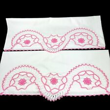 Crocheted Edge Pair Pillowcases White & Pink Tatting Crochet Pillow Case Vintage