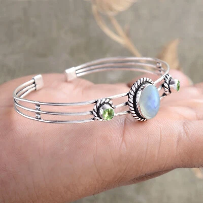Rainbow Moonstone & Peridot Gemstone 925 Sterling Silver Bangle Unique Jewelry - Image 1 of 4