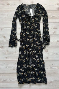 Nobody's Child Damen UK6 schwarz Blumenmuster Langarm Wickelkleid V-Ausschnitt lang - Bild 1 von 16