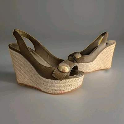 Louis Vuitton Olive Leather Espadrille Wedge Platform Sandals Shoes Slingback - Image 1 of 4