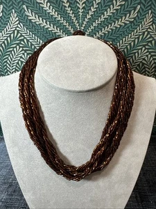 Vintage Multi Strand Bronze Glass Bead Necklace Statement Fancy Clasp - Picture 1 of 14