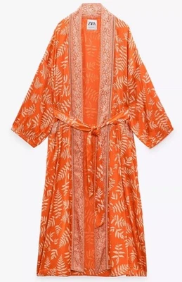 Zara Kimono Hanoi orange Satin bedruckt mit Gürtel Gr. M/L Blogger Insta - Bild 1 von 4