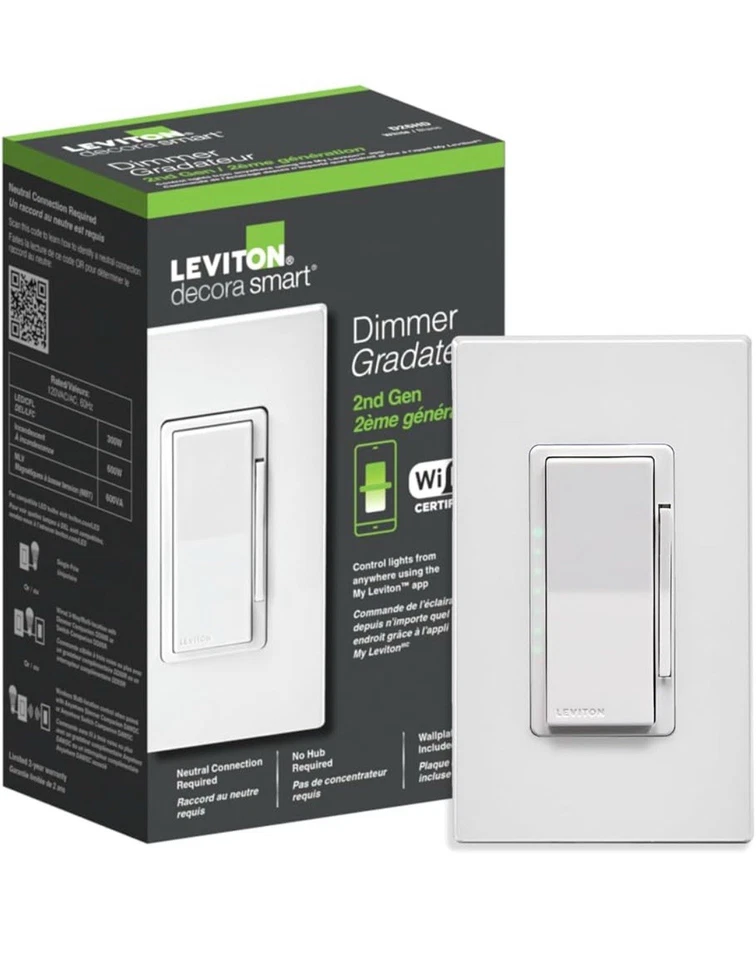 LEVITON Smart Wi-Fi Dimmer (2nd Gen) No Hub Required, Google, Alexa, Siri *White - Image 1 of 1