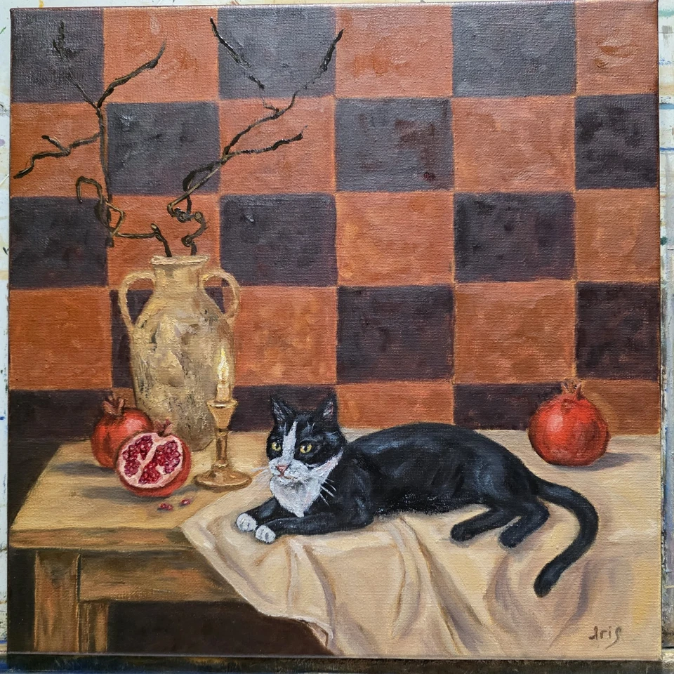 Pintura al óleo original retrato de mascotas 14 x 14 pulgadas, lindo esmoquin gato, granadas  Foto 1 de 1