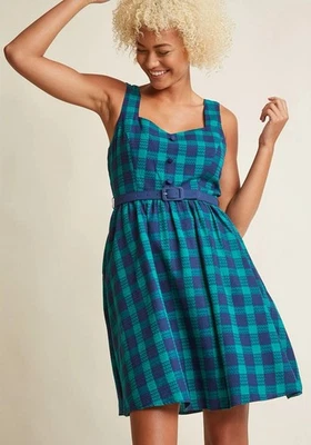 New Modcloth Checkered Dress Blue Green Belt Sweetheart 100% Cotton XL - Image 1 of 4
