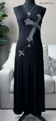 Nuevo VESTIDO MAXI SIN MANGAS ROSARIO CRUZ ESTRÁS NEGRO CRISTAL PARA MUJER S M L Foto 1 de 4
