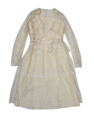 Berkertex 70s Vintage Cream 2 Piece Lace Dress & Jacket Women's Size 16 - Image 1 of 4