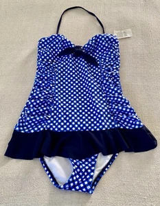 NWT La Blanca Sz M Bandeau Ruched Halter 1-Piece Swimsuit Black Blue White Check - Picture 1 of 7