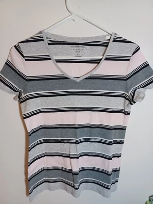 Camiseta clásica Croft & Barrow para mujer gris rosa a rayas pequeña manga corta cuello en V Foto 1 de 4