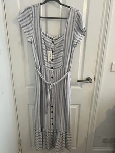NEXT WOMENS STRIPED LINEN BLEND SUMMER DRESS UK 12 With POCKETS WHITE BLUE BEIGE - Picture 1 of 5