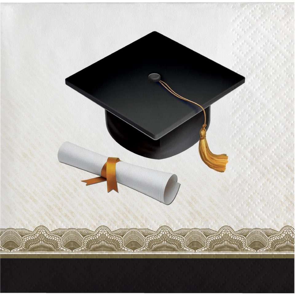 Graduation Napkins Grad Beverage Napkins Gold Black 16ct Favor Party Supplies - Image 1 of 1